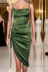 New Satin Green Semi Formal Prom Dresses Spaghetti Strap Party Evening Dresses